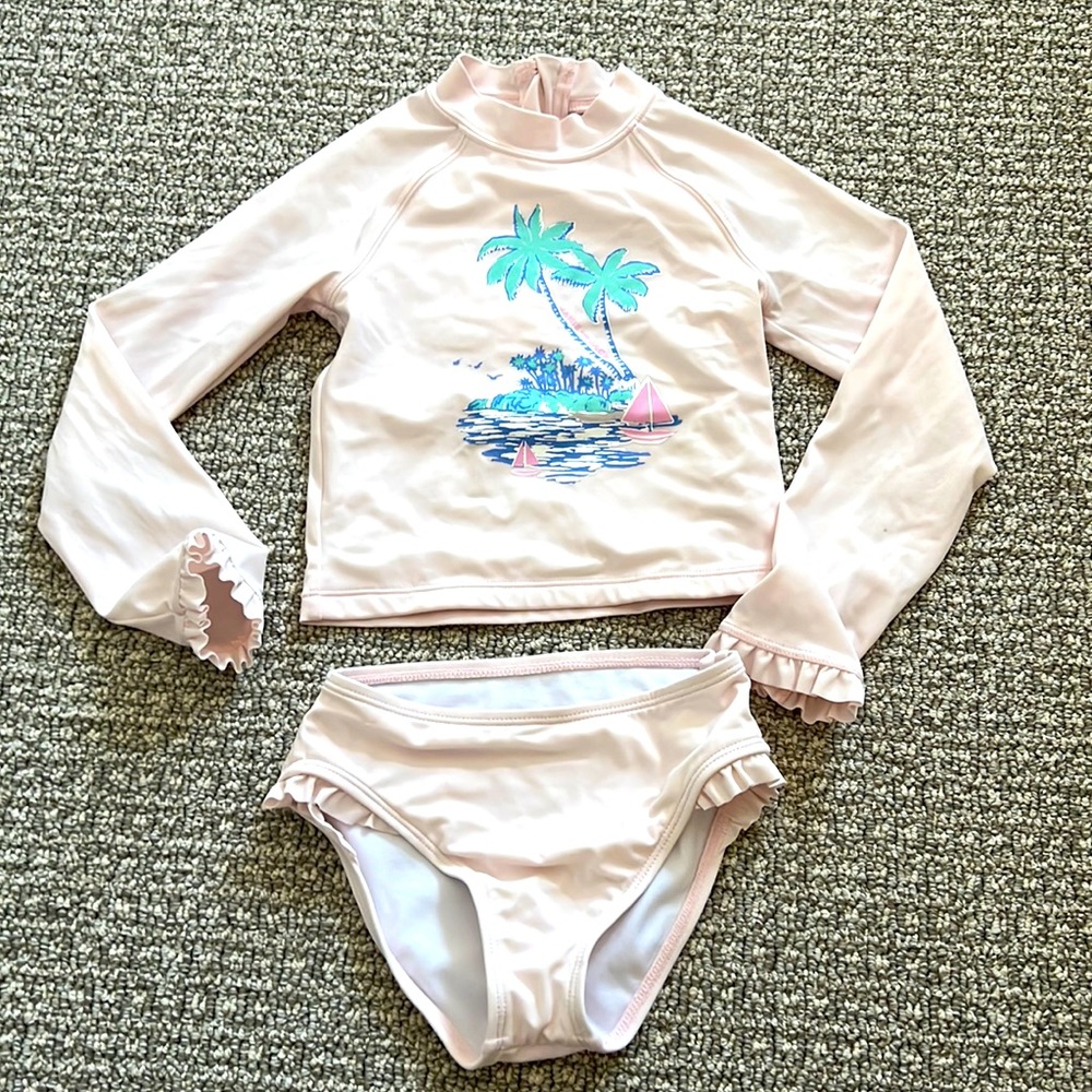 Janie and Jack Pink Swimsuit Rashguard Bottom Swim Set 4 Palm trees Beach